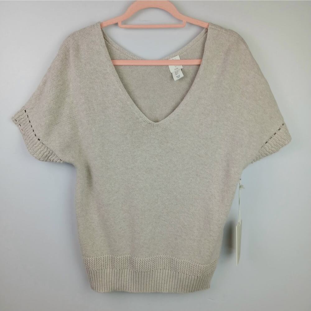 Joie Women's SZ S 100% Cotton V-Neck Cap Sleeve Sweater In Oatmeal NWT - Picture 2 of 6
